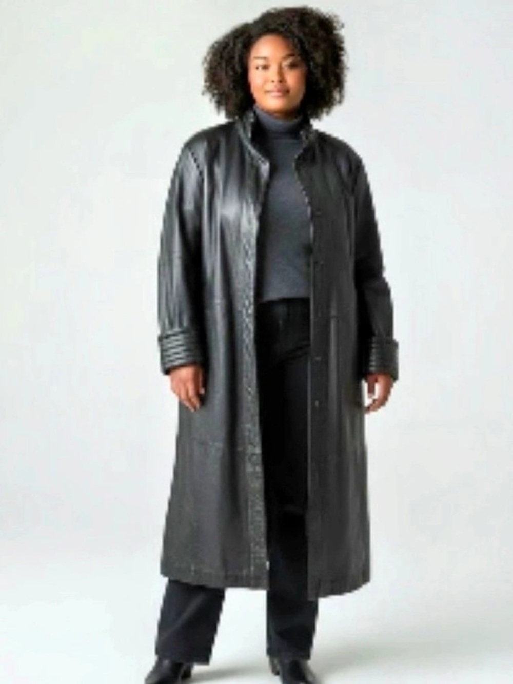 Charles Klein Women's Long Black Leather Coat Sz 1X Soft Goth